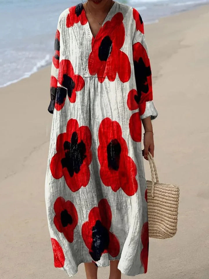 Alba - Robe Longue à Fleurs Rouges.