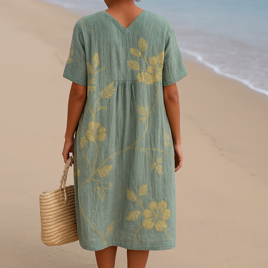 Olivia - Robe bleu-gris à broderies florales