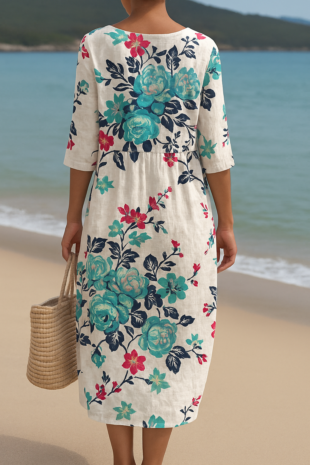 Élodie - Robe longue blanche à fleurs turquoises