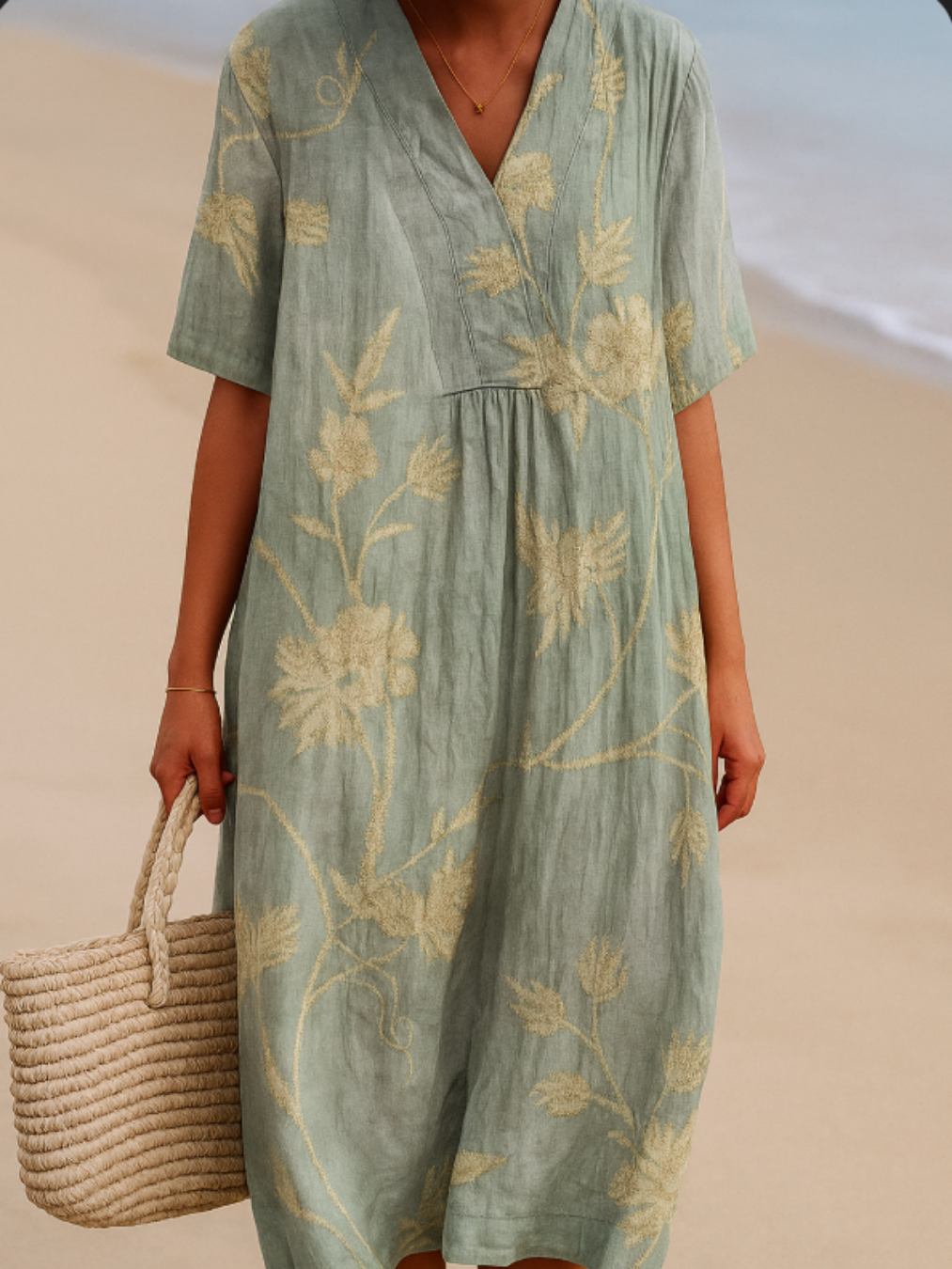 Olivia - Robe bleu-gris à broderies florales
